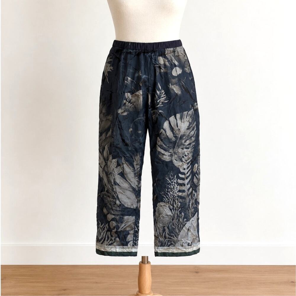 Kalista India Contemporary Botanical Print Cropped Pants Navy Gray Large